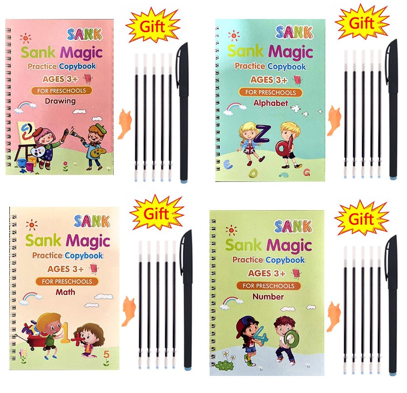 Pack Of 4 Pcs With 10 Refill Copybooks Pen Magic Copy Book Free Wiping Children's Kid Writing Sticker Practice Copybook For Calligraphy