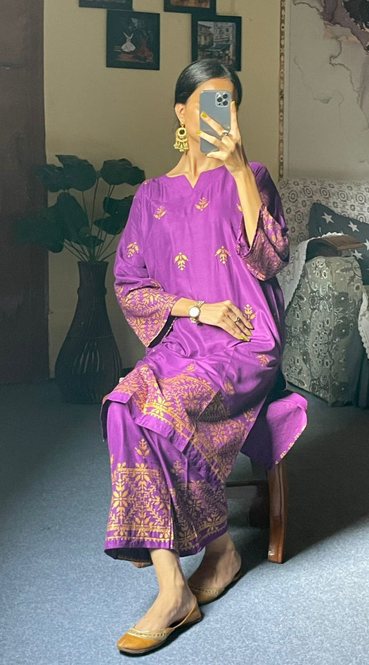 2pcs Block Printed Arrow Design Women's Suit (Purple)