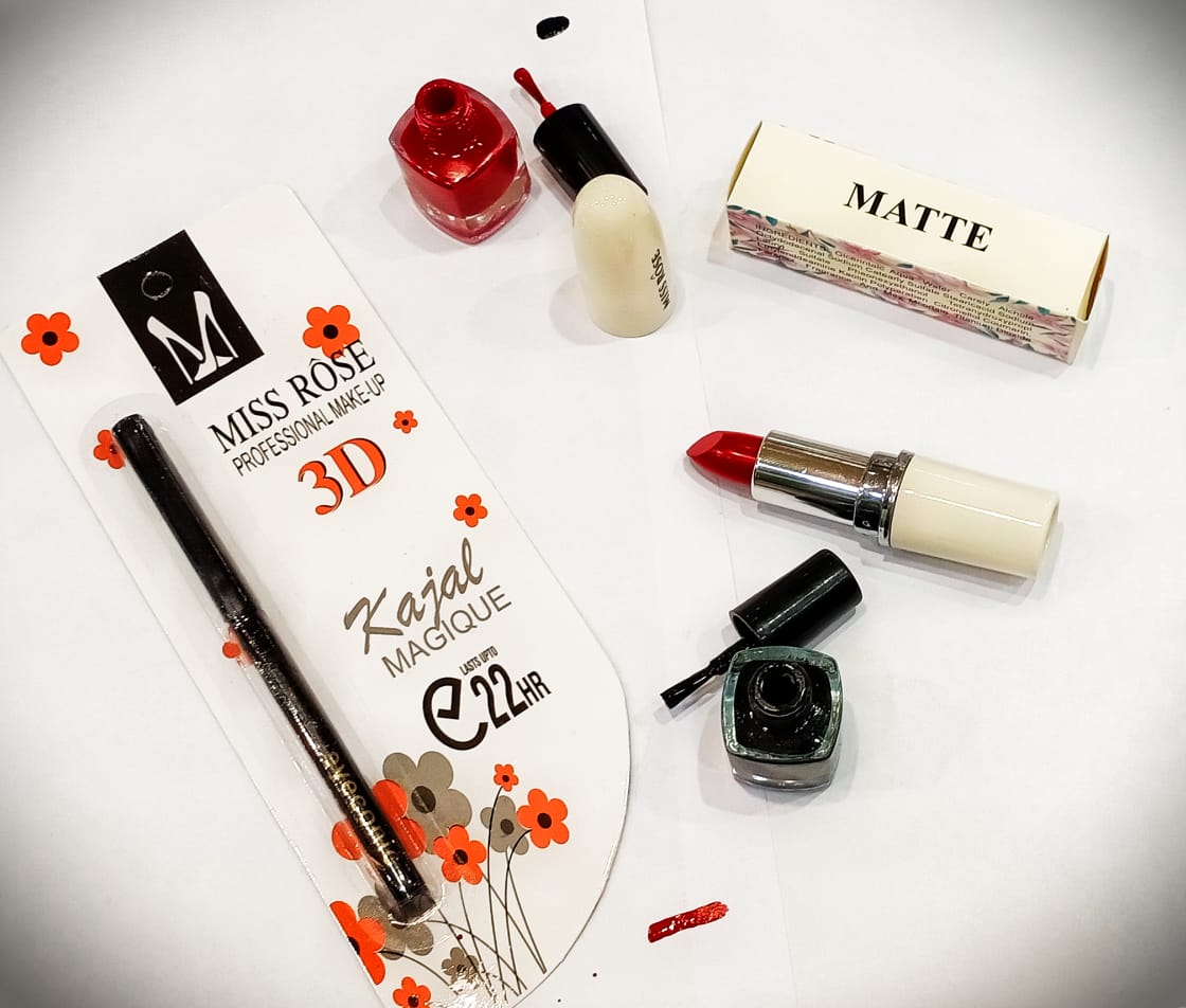 Miss rose deal of 4 - 2 nail paints - 1 lipstick - 1 kajal card