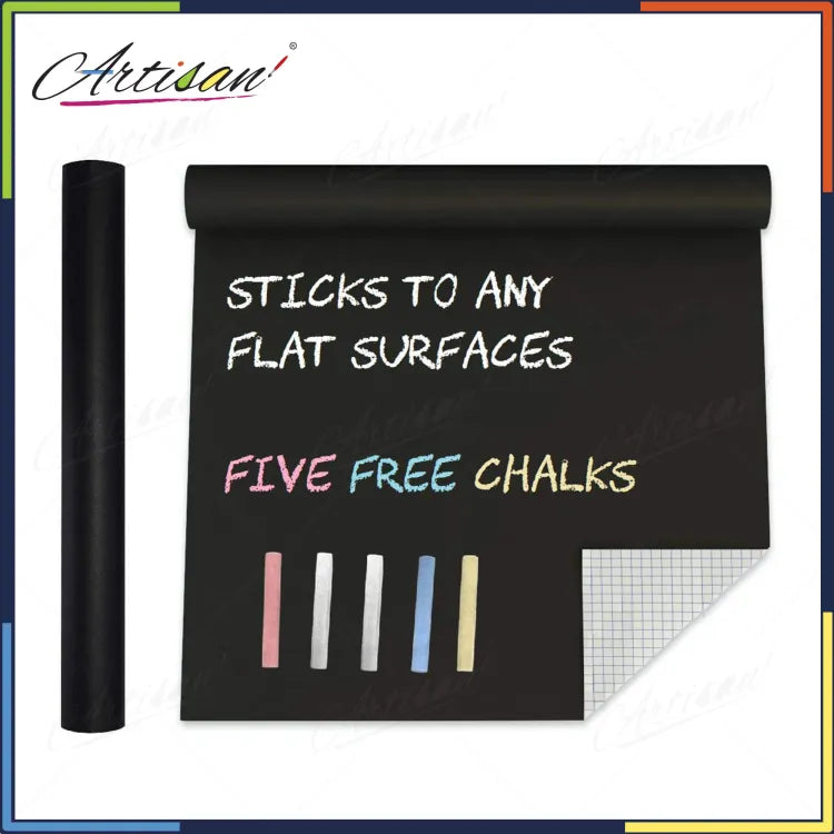 Artisan - Blackboard Chalkboard Vinyl Sticker Washable, Reusable - DIY Black Board Wall Adhesive Vinyl Sticker Roll - with 5pc colorful chalks