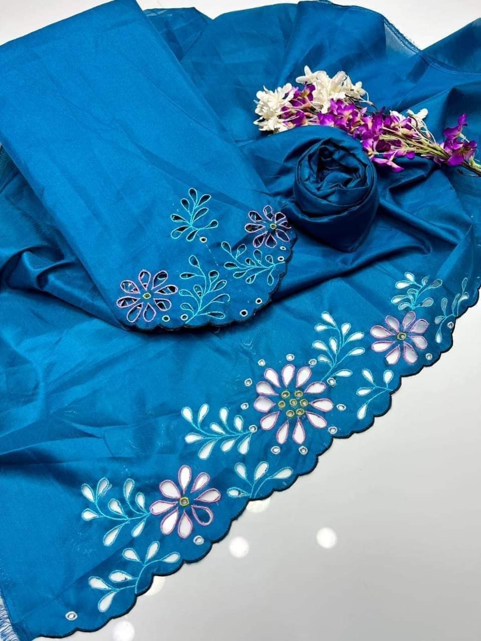 2 pcs Qattan silk unstitched cut work embriodery shirt Work on damman and sleeves Qattan silk plain trouser