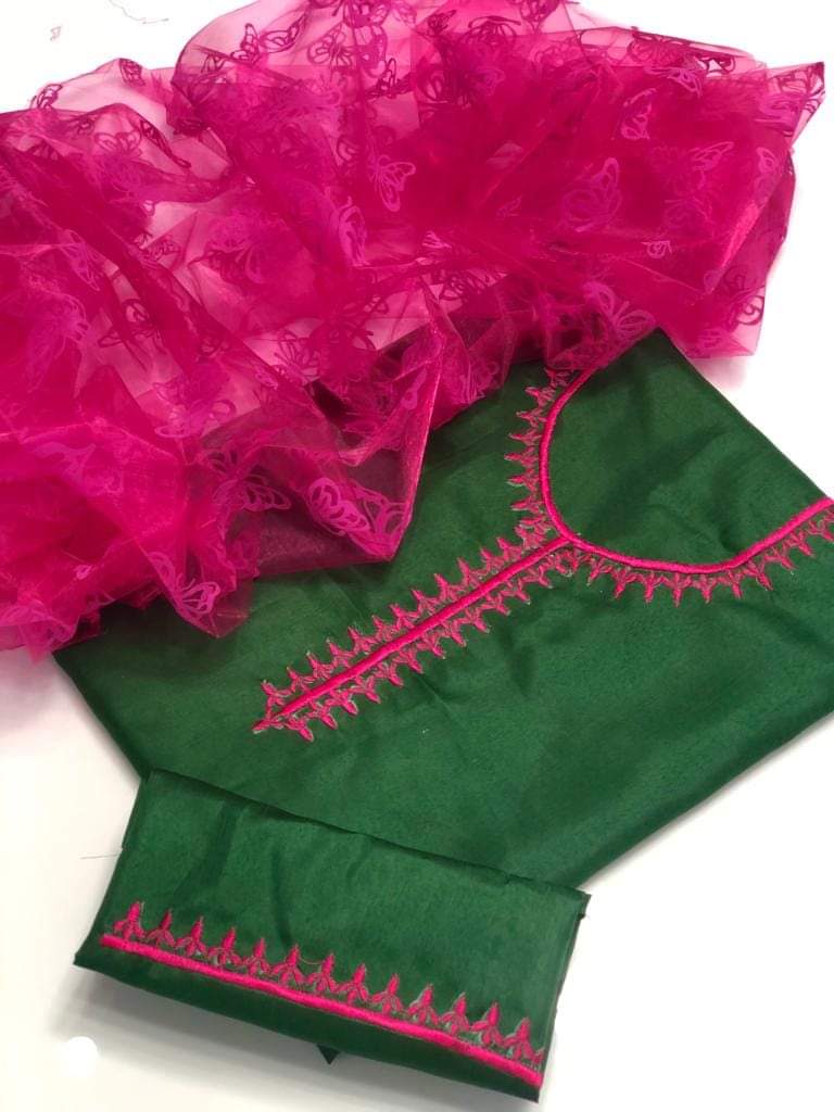 3 pcs Qattan silk embroidery shirt Qattan silk trouser (unstitched)