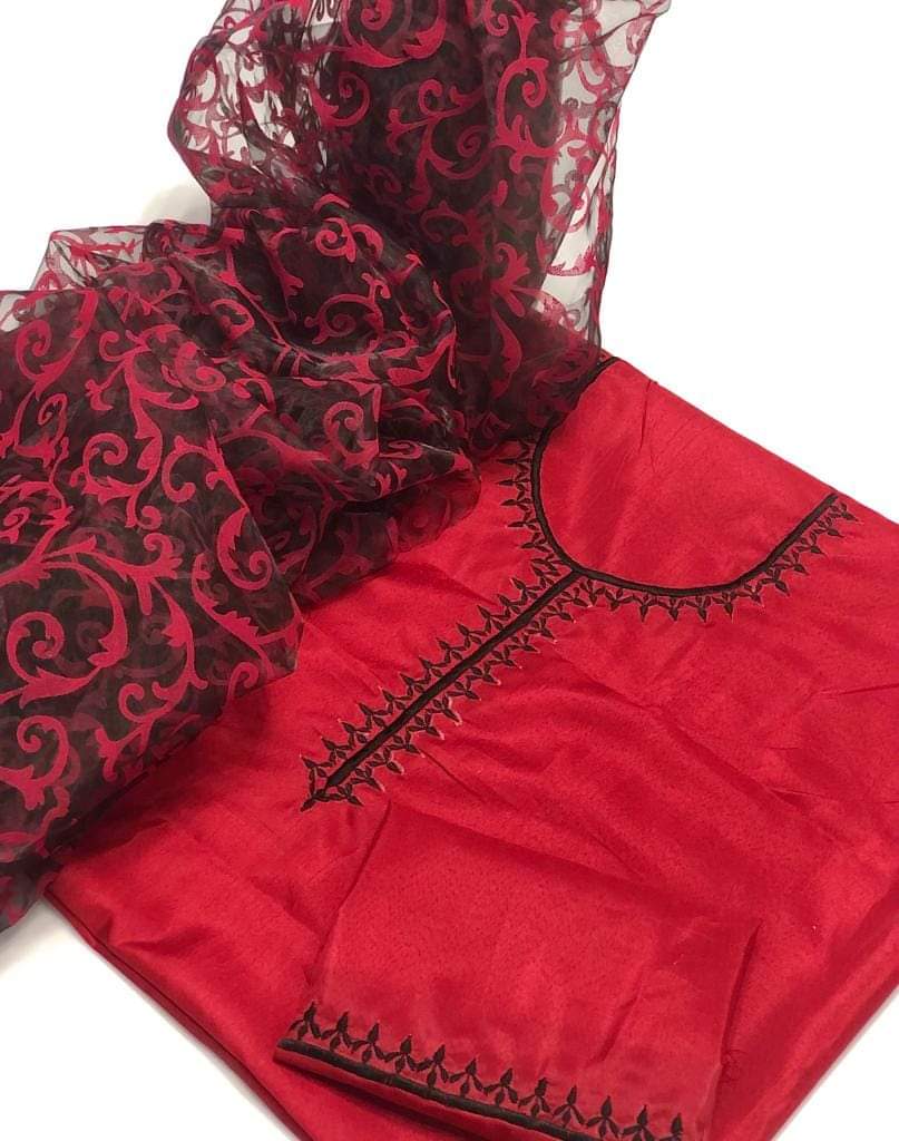3 pcs Qattan silk embroidery shirt Qattan silk trouser (unstitched)