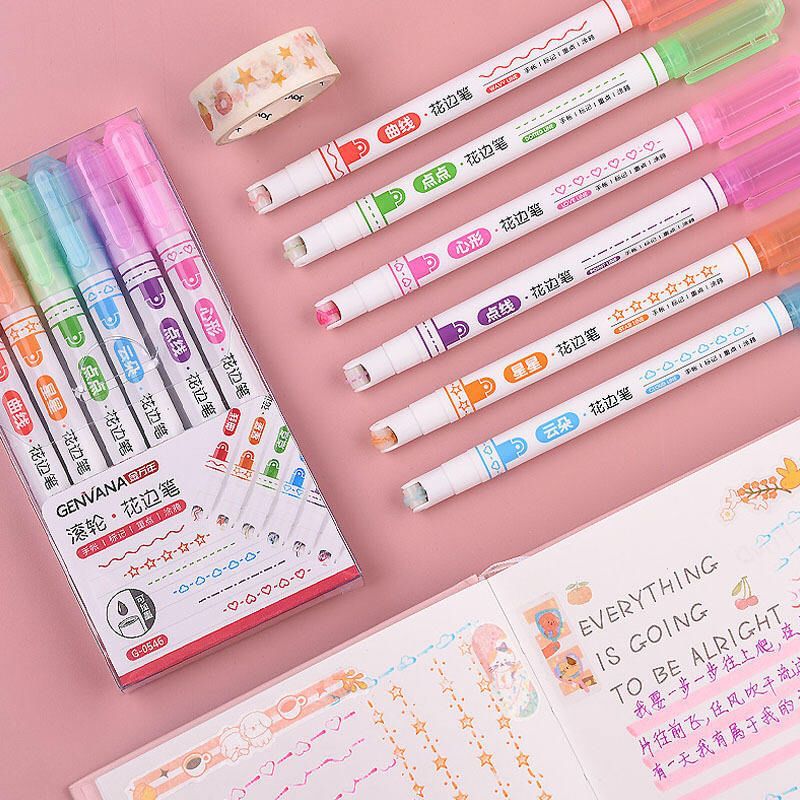 6 Colors Kawaii Roller Flower Heart Curve Line Highlighter Pens Roller Fluorescent Marker Drawing DIY Diary School Stationery