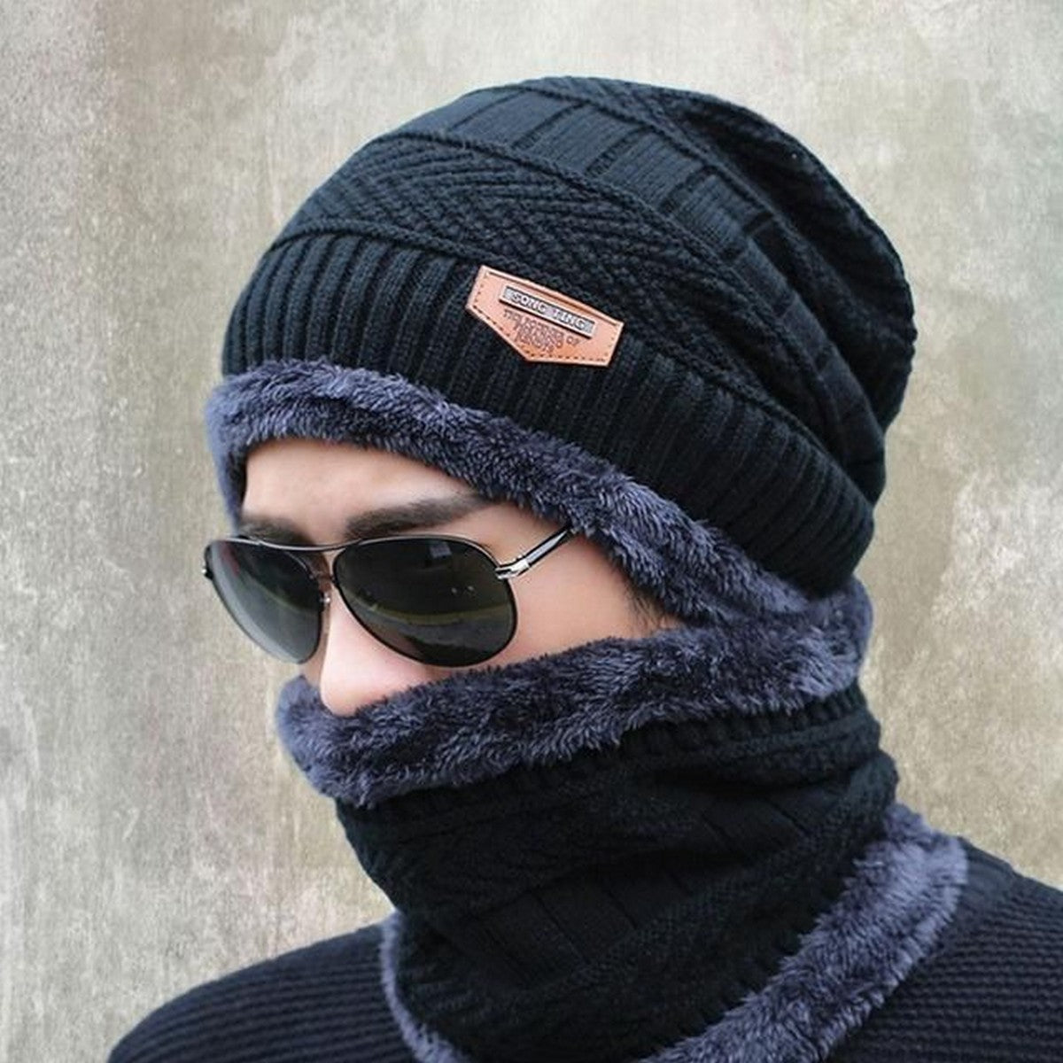 Winter Cap and neck Elastic Knitting Thick Fleece Warm Woolen Beanie Cap Sport Hat &amp; Neck Scarf Set 2 Piece